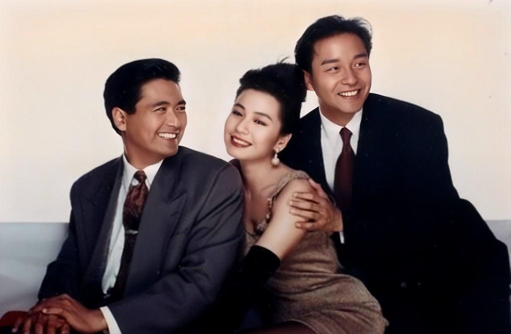 1991年，周润发、钟楚红、张国荣的合影旧照。那时发哥36岁，红姑31岁，哥哥3
