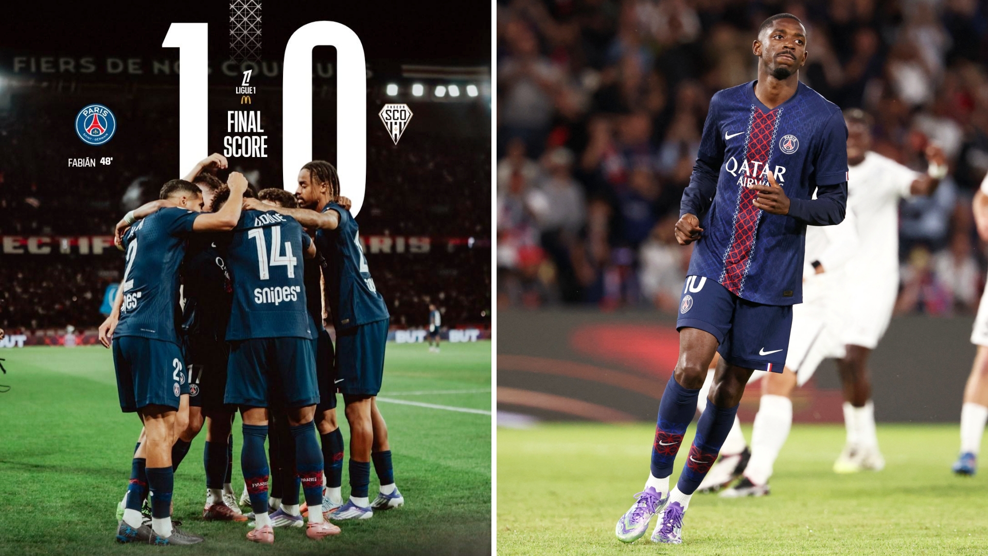 法甲：巴黎圣日耳曼主场1-0击败昂热，开局两轮均以1球小胜。
登贝莱失点，杜埃屡