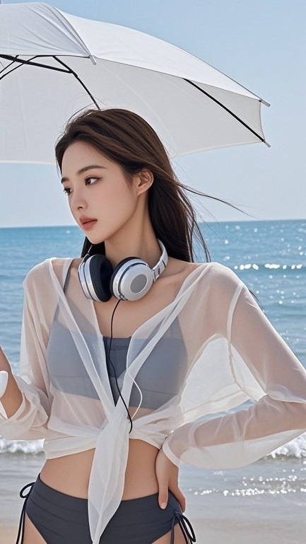 妩媚佳人戏水，碧波映衬身姿