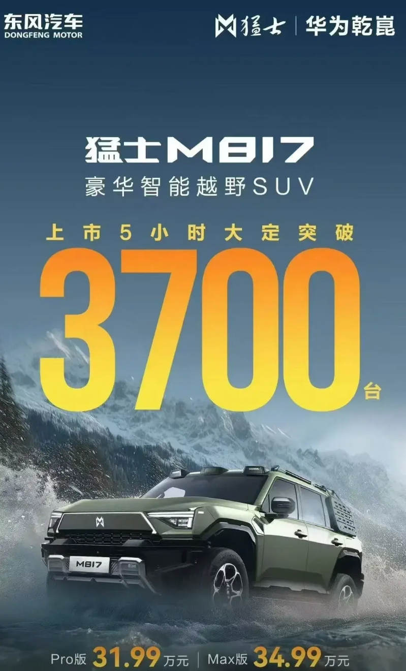 大定突破3700台！猛士817可以啊，这是火了啊！

华为加持就是不一样，猛士8