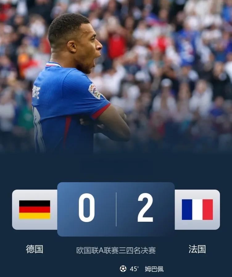 法国2-0德国夺欧国联季军！
此役，姆巴佩传射+攻入法国第50球，奥利塞替补破门