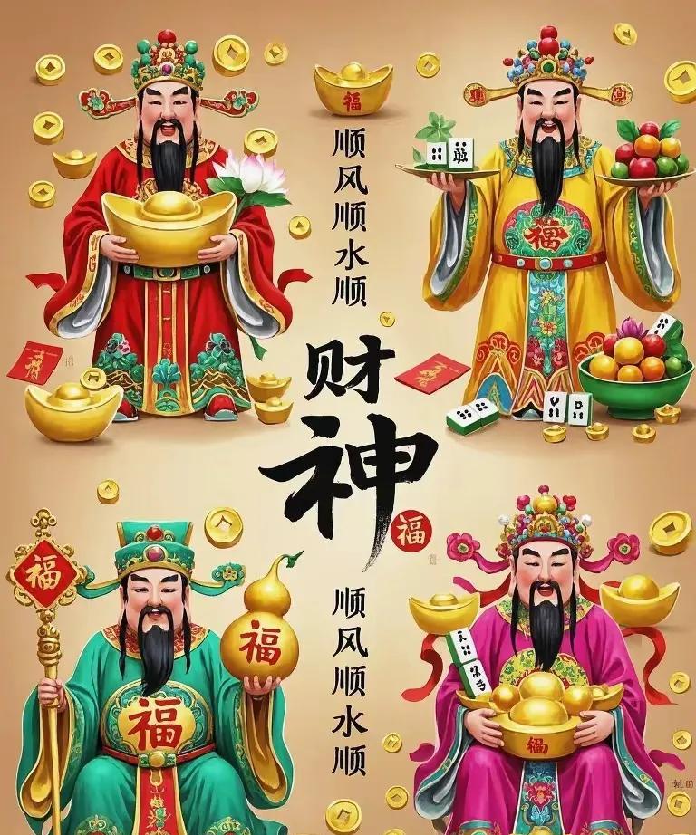 画面中，四位财神栩栩如生。一位手捧金元宝，金光夺目；另一位手持鲜果与牌具，意趣盎
