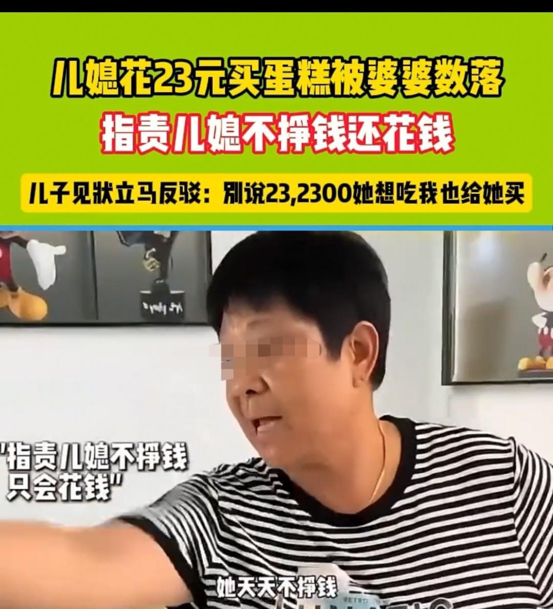 河南，女子买了23元的蛋糕，被婆婆指责不挣钱、只花钱，儿子却反驳道：“别说23元