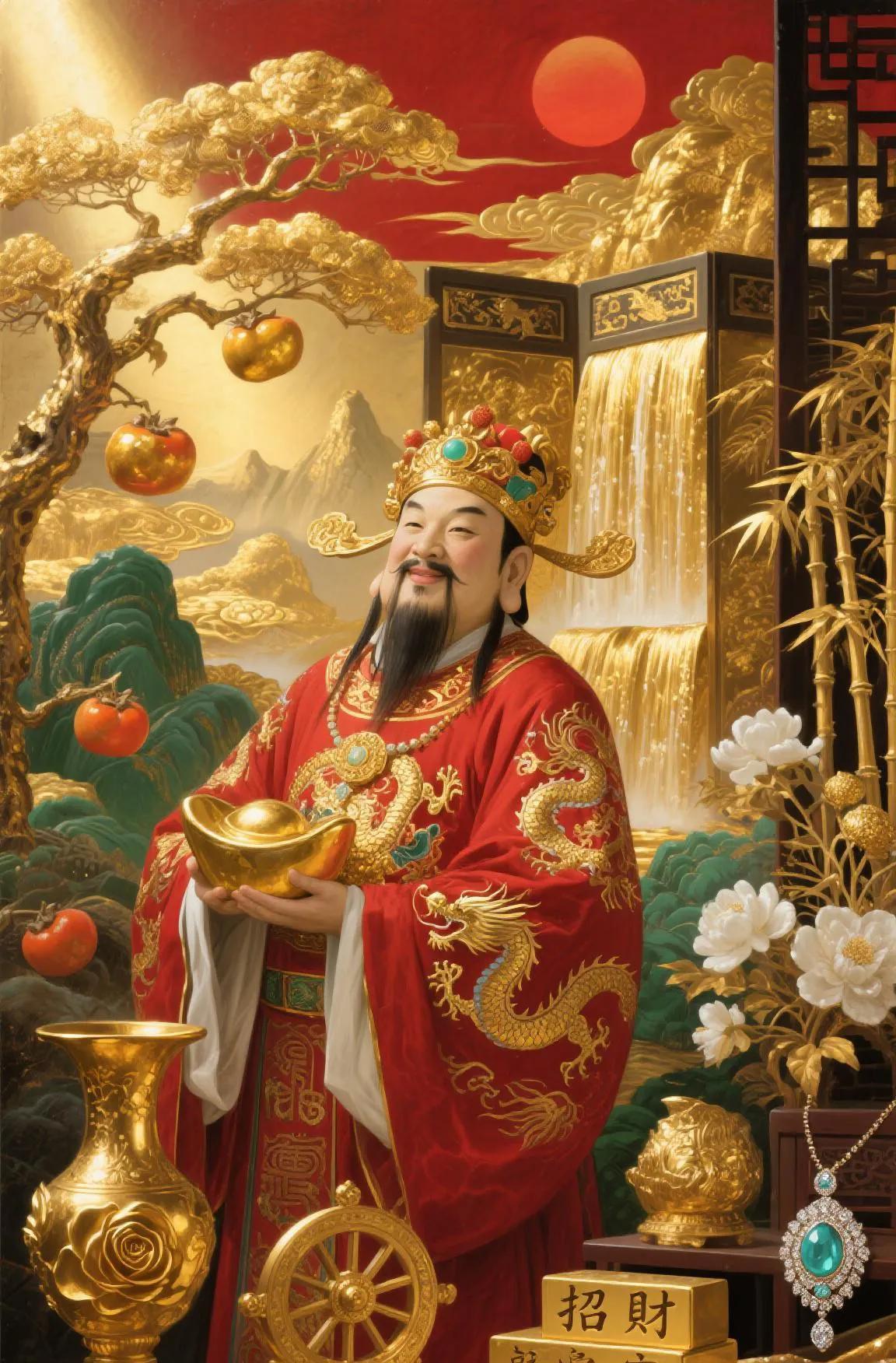 愿财神爷的金手指轻点你额，赐你：日进斗金的智慧，夜纳千祥的福气，金枝玉叶的安康。