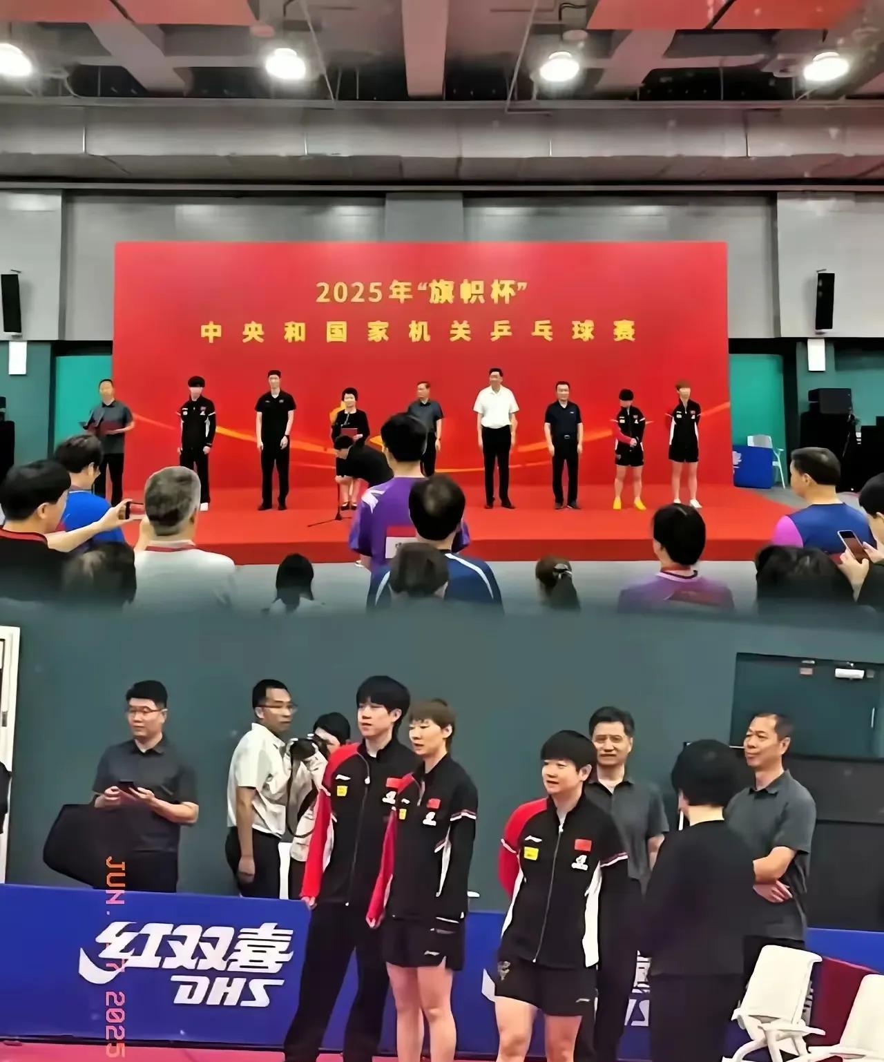 现场王楚钦和业余选手互动，开局0 - 1落后还赶紧热身。孙颖莎和王曼昱对练超有观