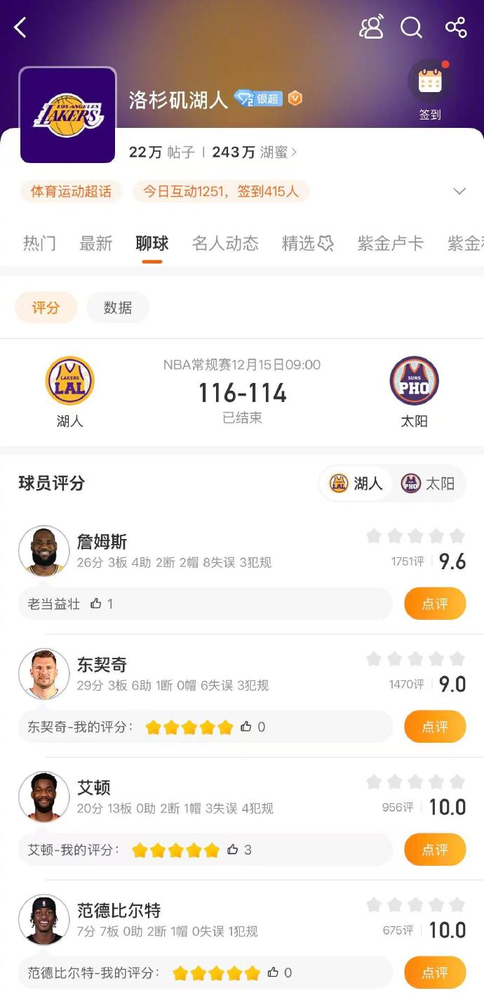 NBA常规赛，湖人客场116-114险胜太阳，东契奇29分3篮板6助攻，詹姆斯2