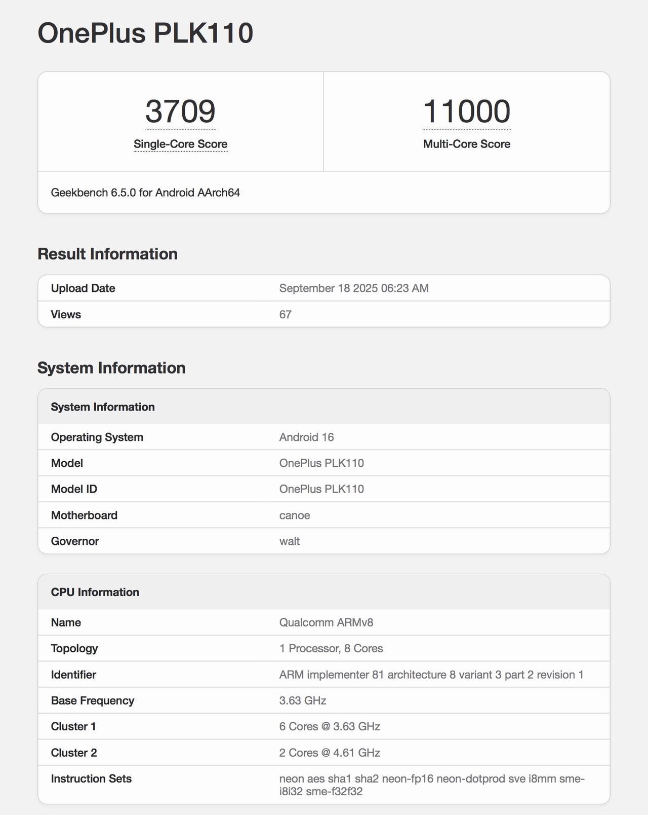 一加 15 的消息也来了，一加 15 跑分在 Geekbench 官网公布，型号