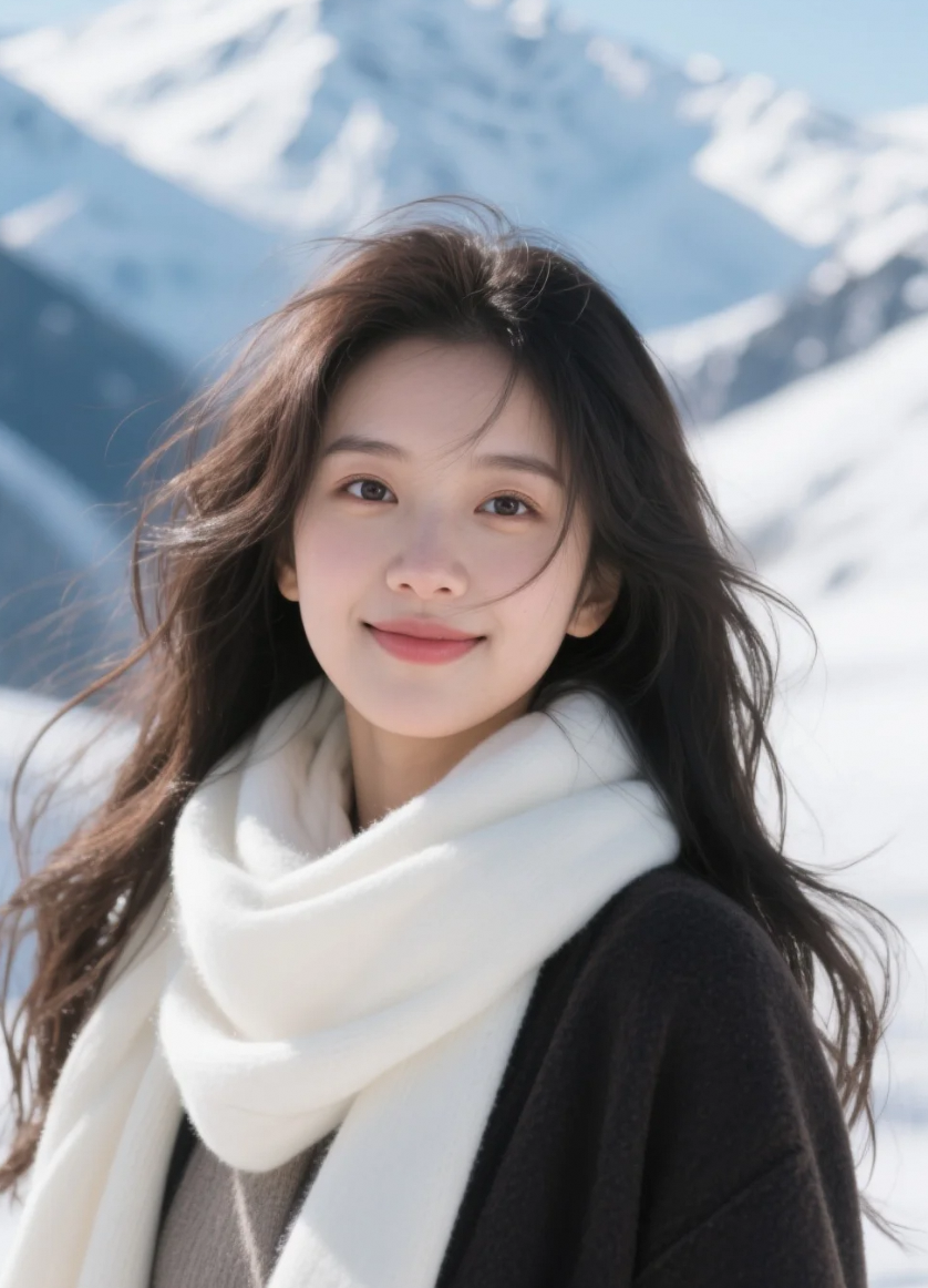 白围巾飘雪山上，优雅定格瞬间