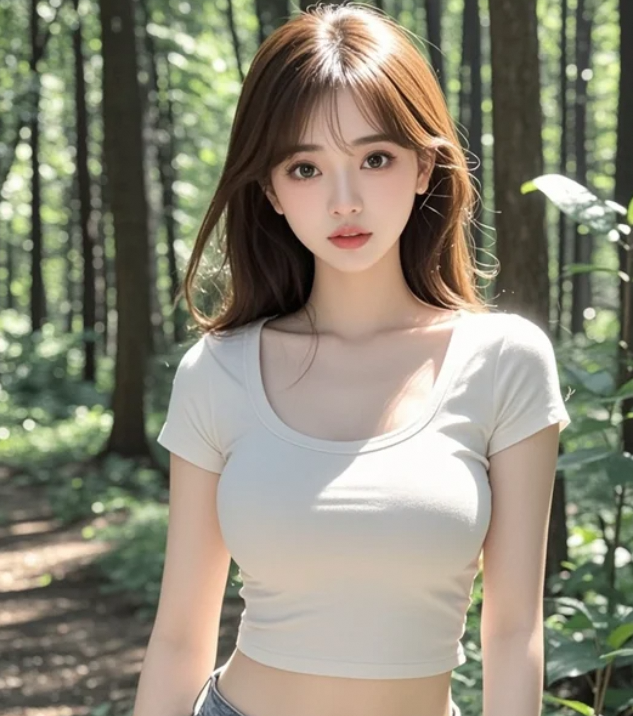 她在森林里闭目微笑，感受大自然的心跳
