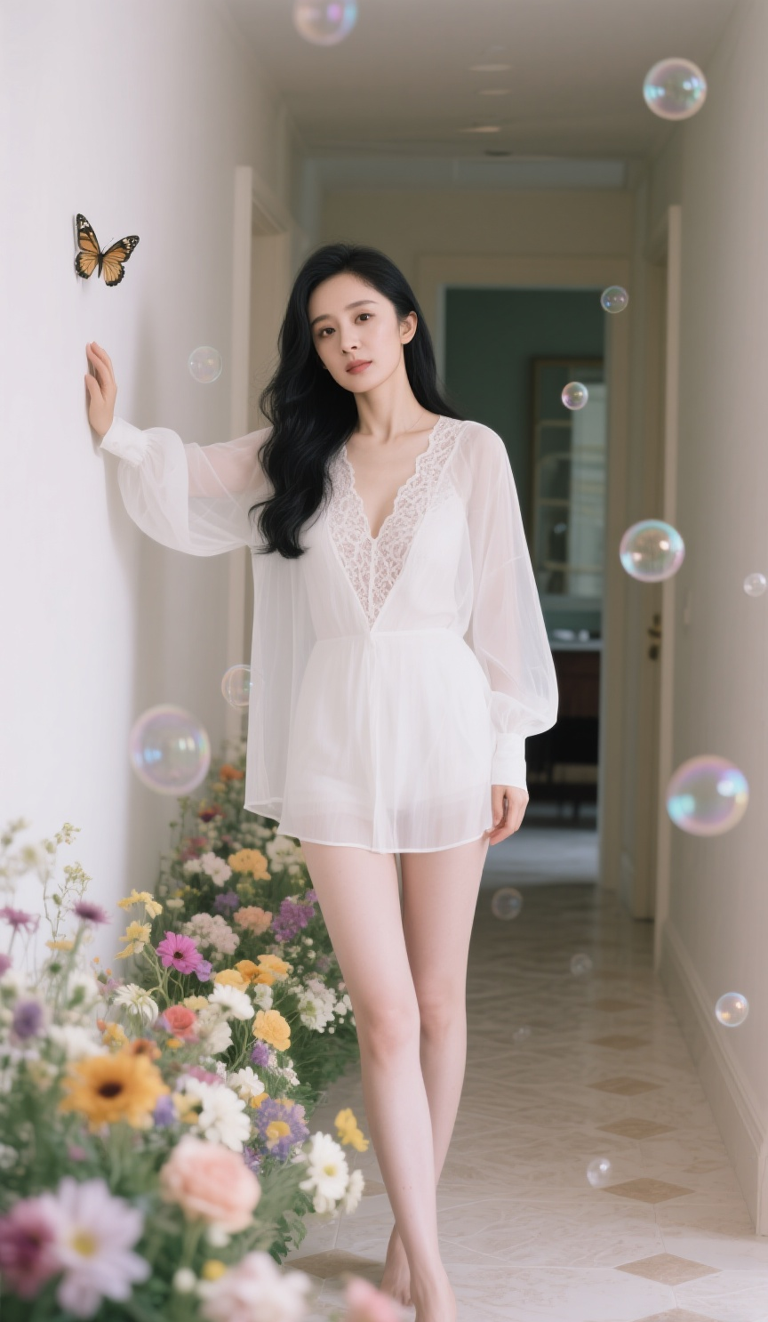 杨幂薄纱衣配短裤，大秀 slender 美腿，女人味拉满！