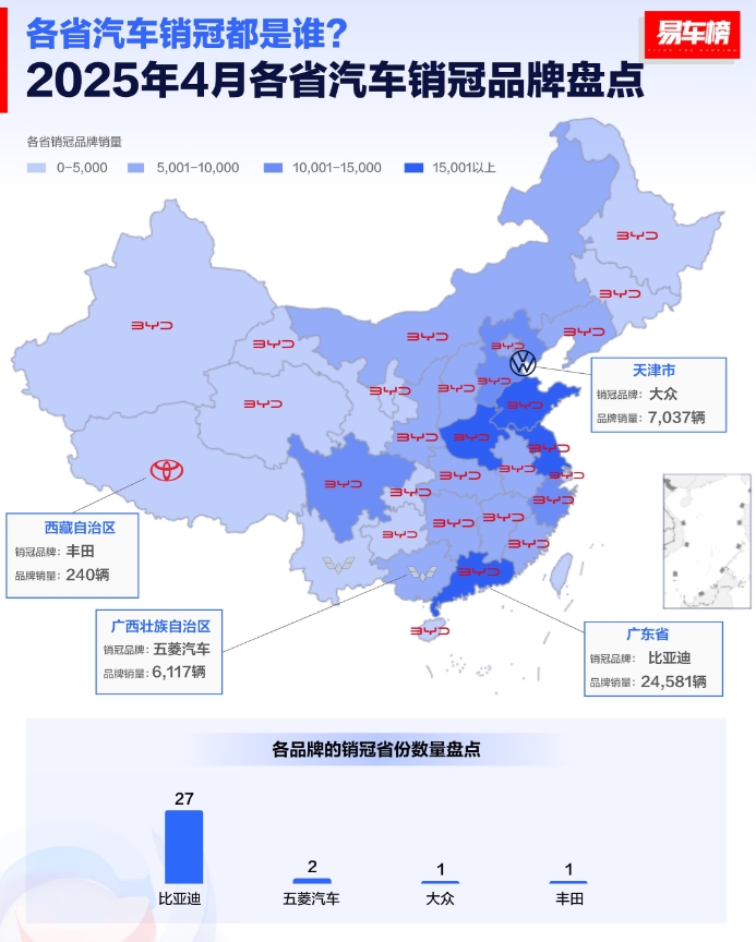 为什么总有人在喷比亚迪？各位看看这个全国汽车销售地图，说不定就能找到答案。
这个