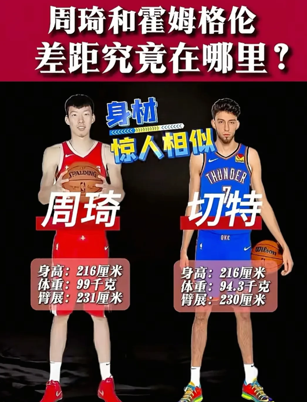 中国大魔王周琦对比切特到底差在哪里？

两人身材惊人的相似，身高同为216cm，