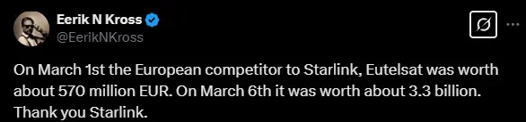 在马斯克称波兰外长为“小人物”后，猩链的欧洲竞争对手Eutelsat的市值，在短