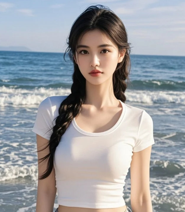 沙滩与阳光交织，映衬出她的独特魅力