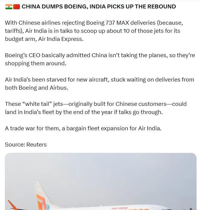 中国拒收波音，印度趁机“执漏”！
由于中国航空公司拒绝接收波音737 MAX飞机