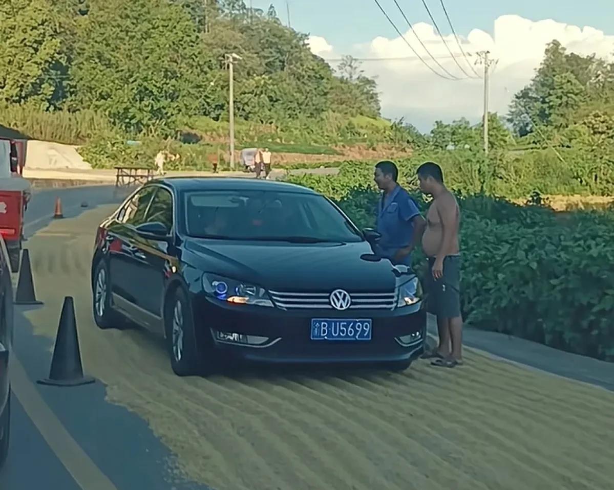 村里的一户人家，在公路上晒谷子，有人开车把谷子压了，那户人家说别人把他家谷子压坏