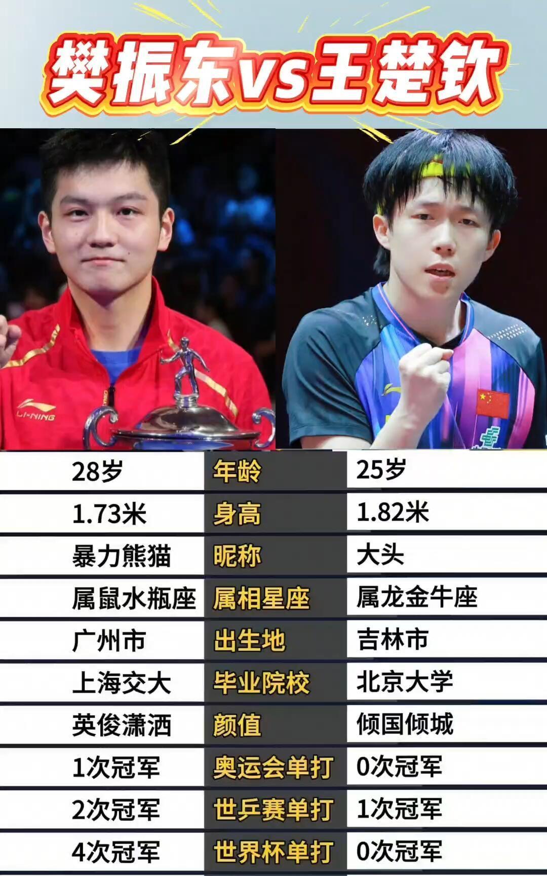 看到王楚钦和樊振东成绩对比！
看起来樊振东的成绩更亮眼，真棒，每一个都有冠军，超