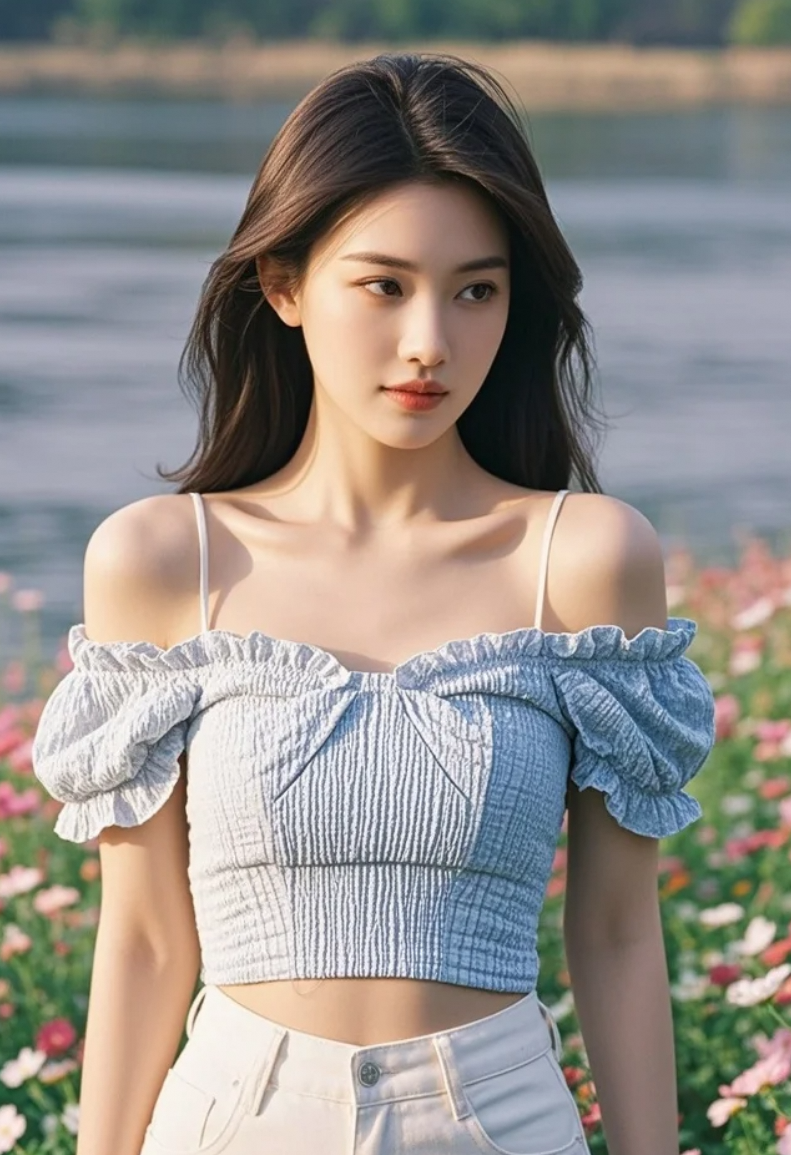 她站在花与水之间，是自然最温柔的笔触