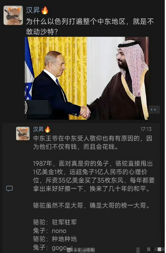 为什么以色列打遍整个中东地区，就是不动沙特？

中东骆驼不仅有钱，而且会花钱。