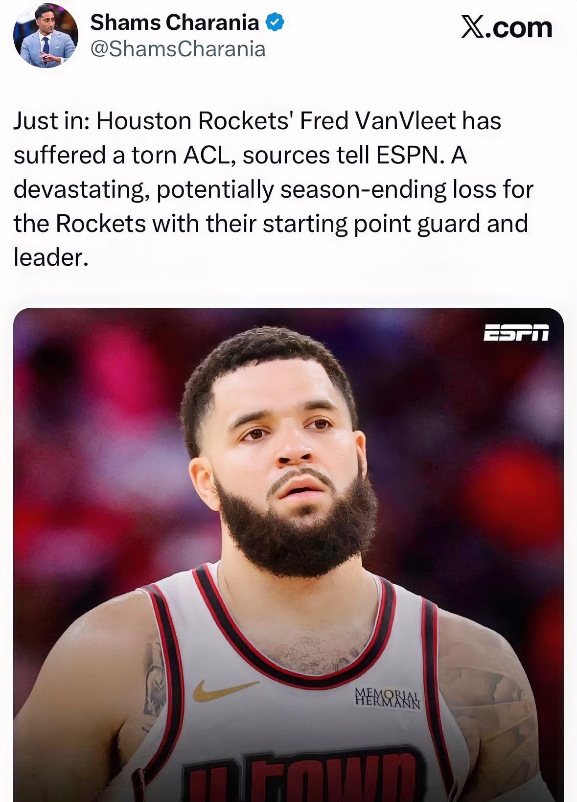 范弗里特前交叉韧带撕裂赛季报销！！！
据shams报道：消息人士告诉ESPN，范