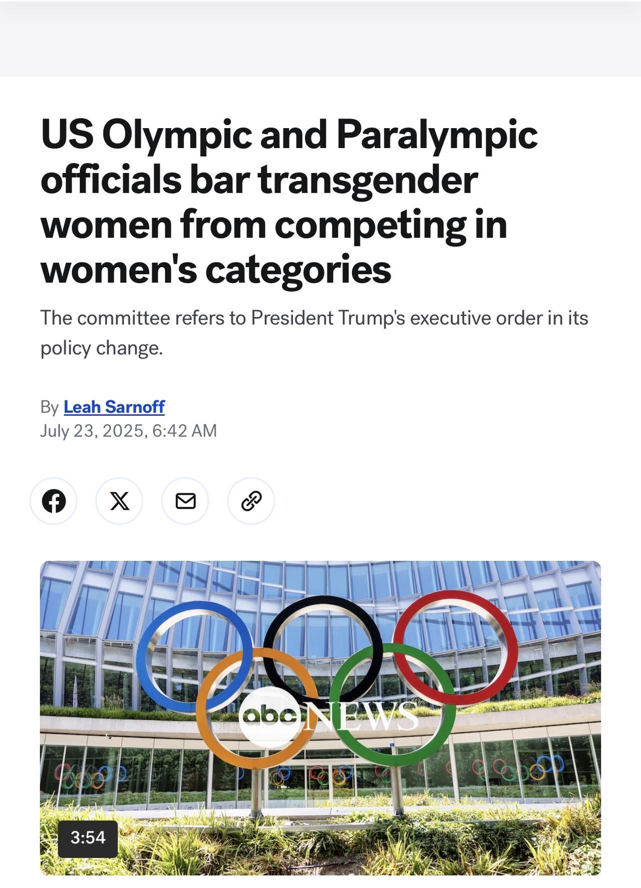奥林匹克和残奥委员会（USOPC）宣布，在美国最近改变政策后，跨性别女性（变性人