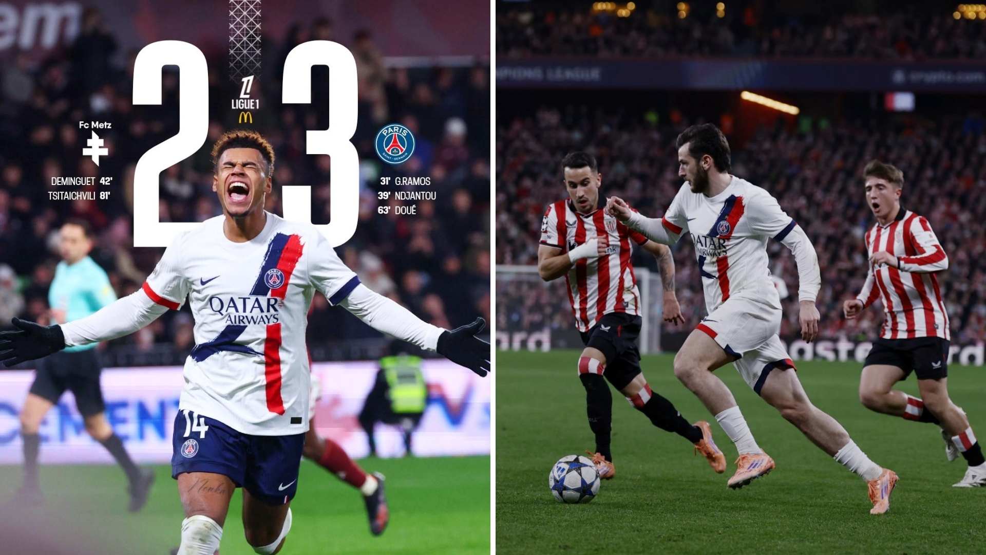 法甲：巴黎圣日耳曼客场3-2击败梅斯，两连胜暂升至榜首。 
姆巴耶两助攻，杜埃打