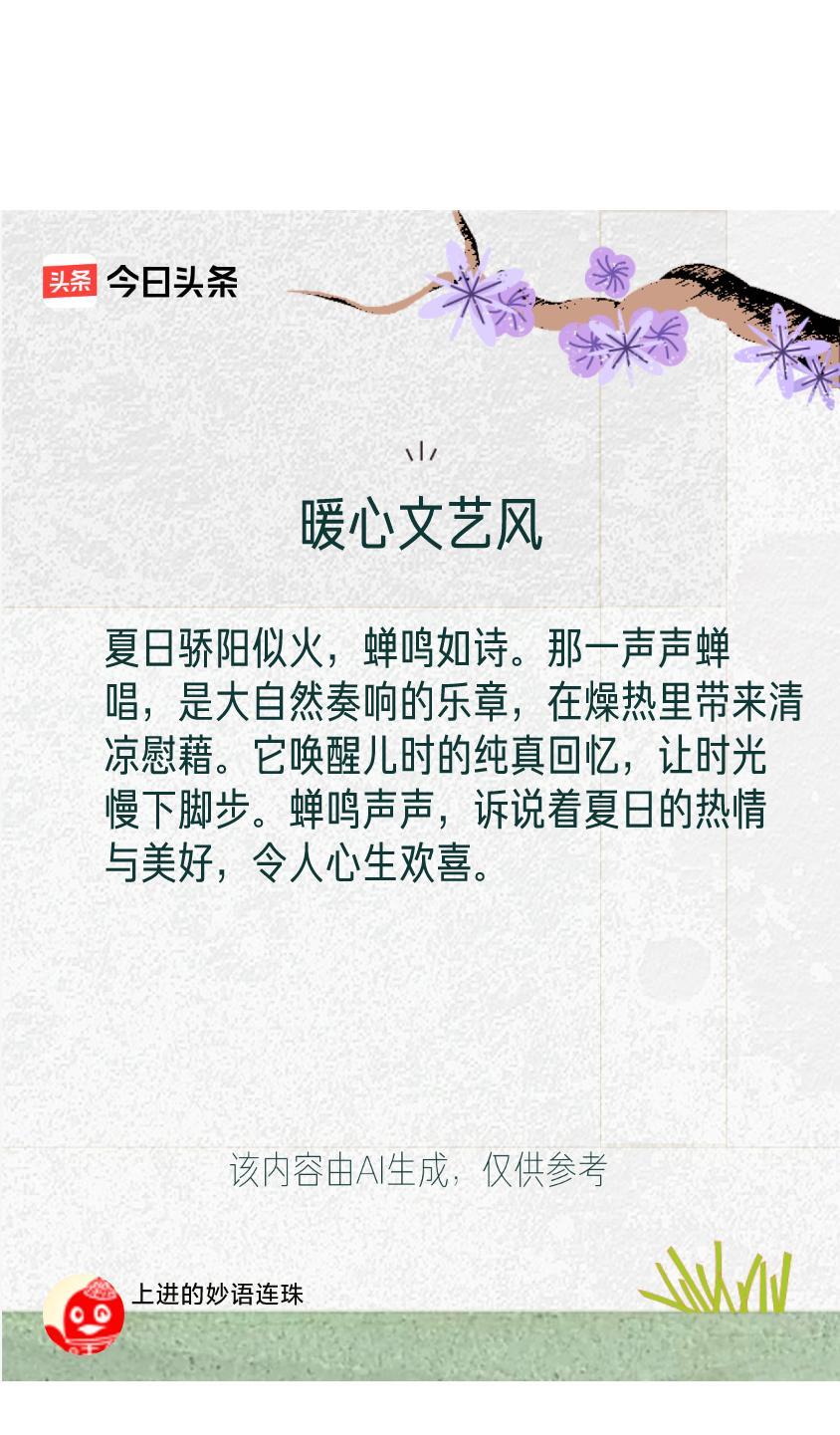 #文学创作大会#：夏日骄阳似火，蝉鸣如诗。
那一声声蝉唱，是大自然奏响的乐章，在