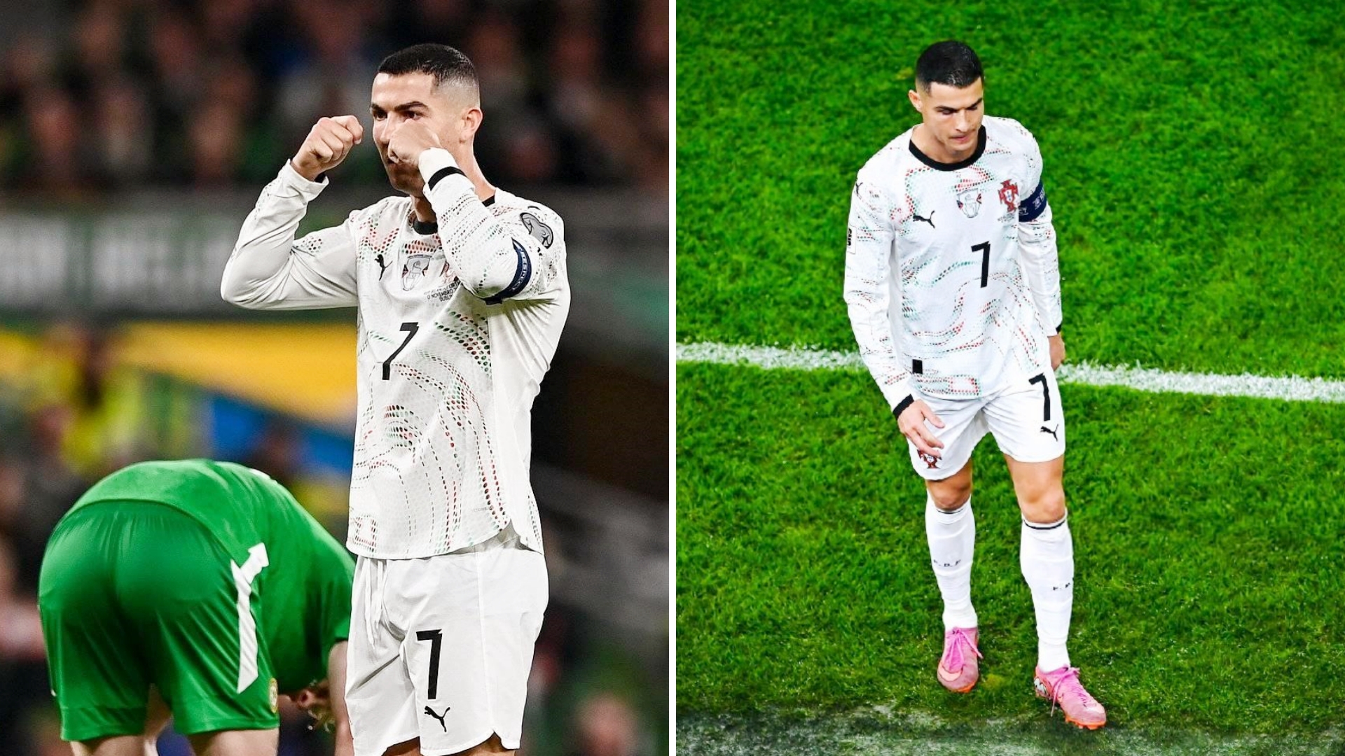 C罗因肘击被罚下，吃到职业生涯第13张红牌，国家队生涯首次染红。
若C罗停赛至少