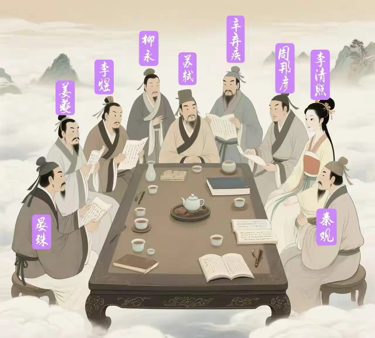 词人大聚会，有李煜在，苏东坡也不能坐主位，因为词这种体裁，就算在他手里发扬光大的