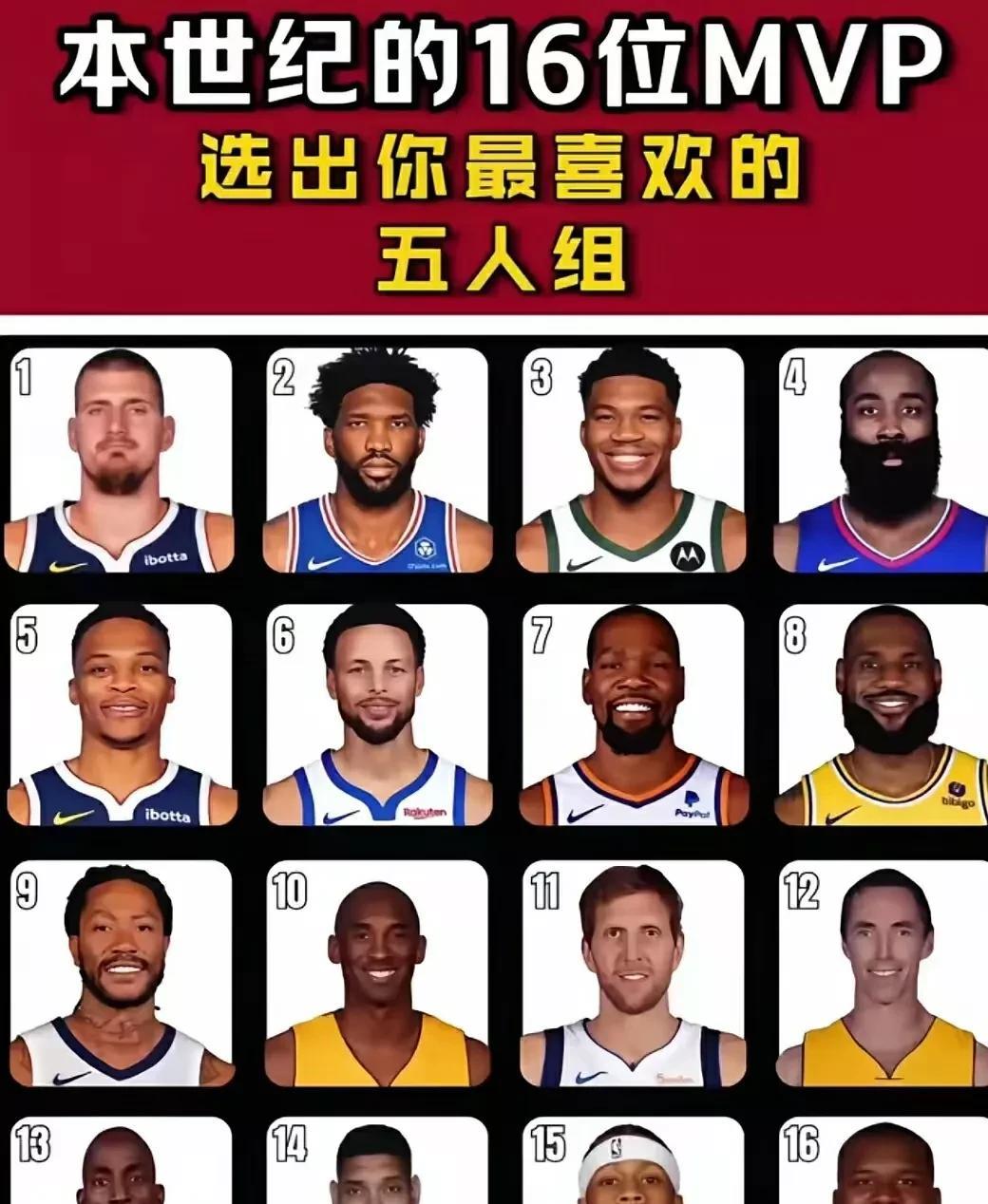本世纪16位MVP选一套最佳阵容，
说实话，还是挺难选择的！
在下不才，说说我的