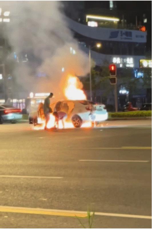 旧的不去，新的不来！
马路上一辆新能源车自燃后电池向下喷火，一家三口仓皇从车上下
