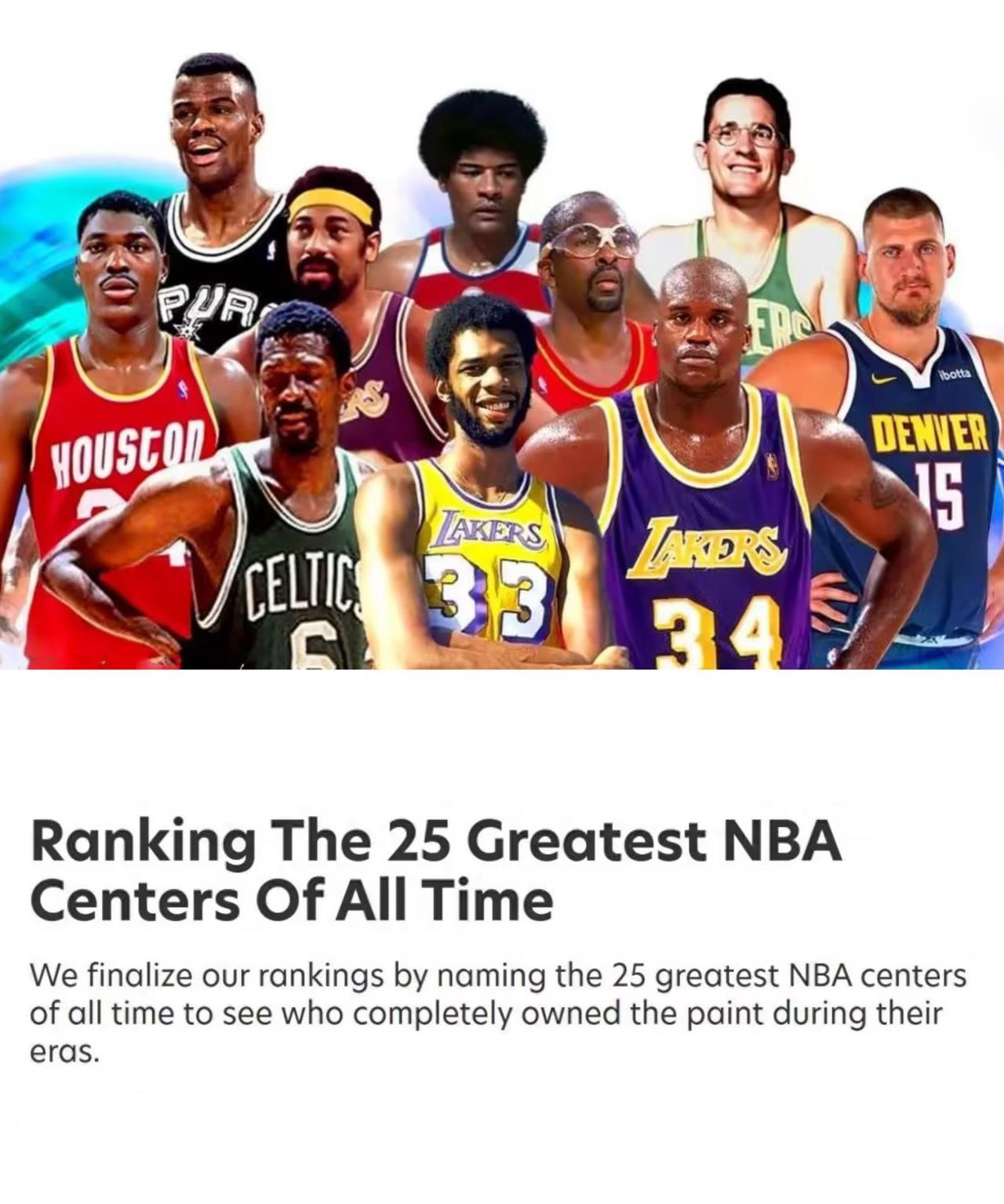 美媒评NBA历史25大最具统治力中锋！
前5排名分别是：
5、张伯伦  数据30