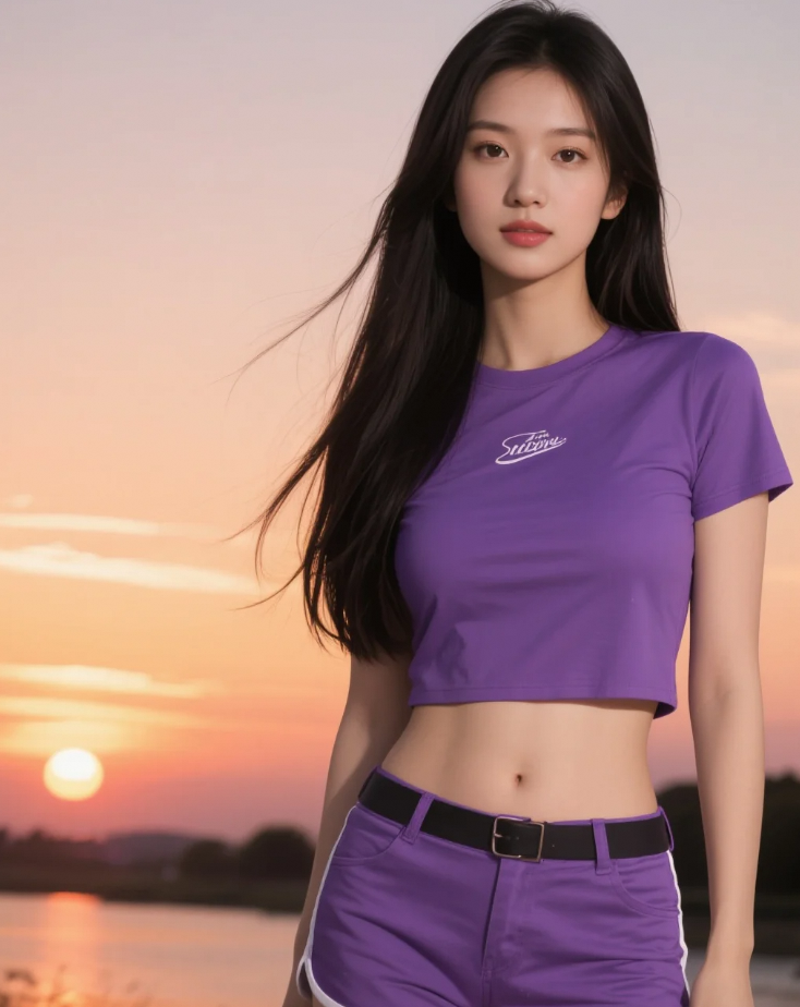 落日 紫色 美女 一举一动皆似诗画