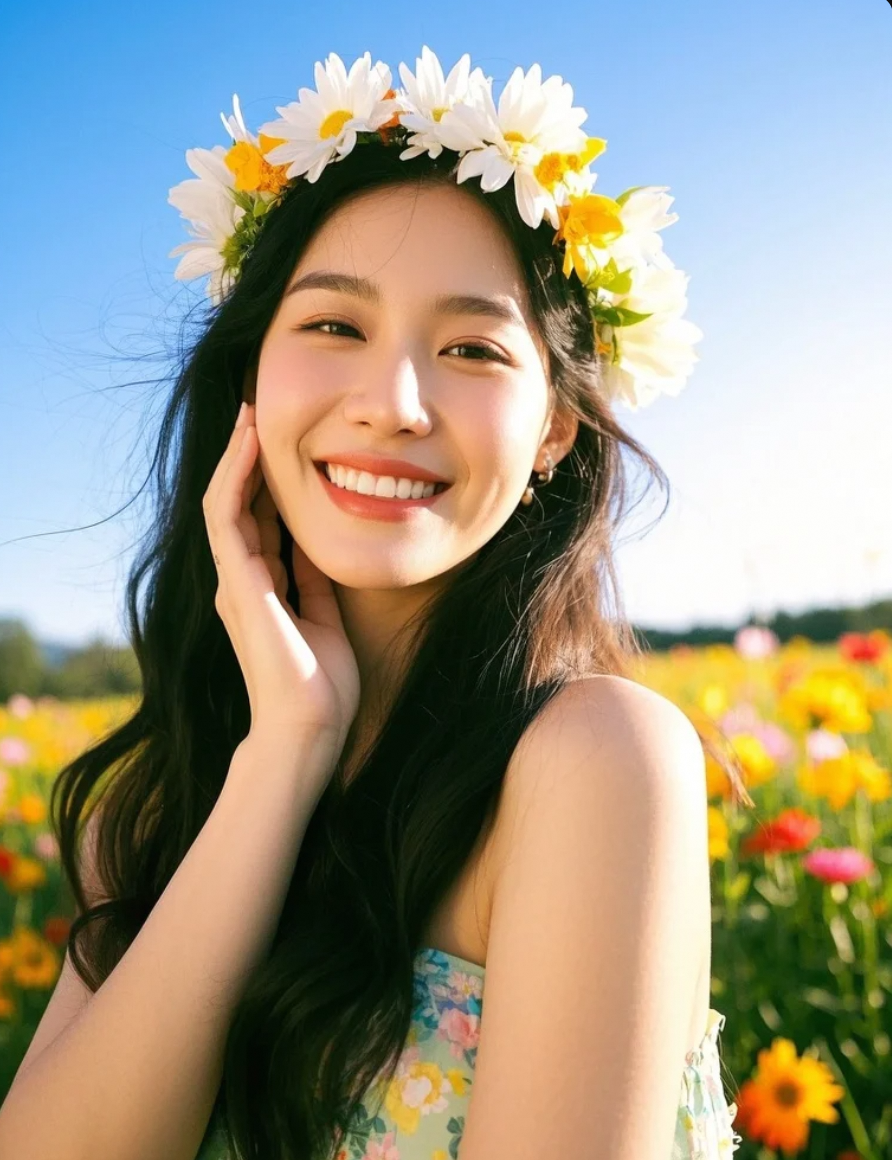 她戴着花环走来，像春天落在人间