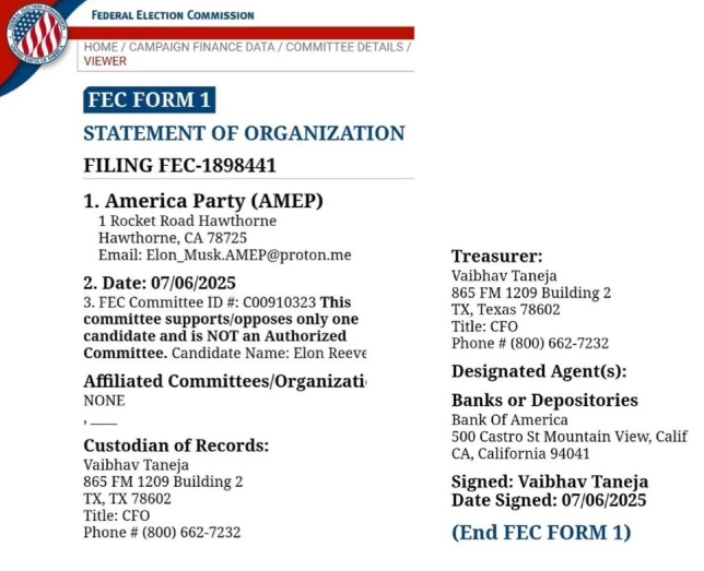 马斯克已经向美国联邦选举委员会提交了“美国党”的组织声明。
从“美国党”宣布正式