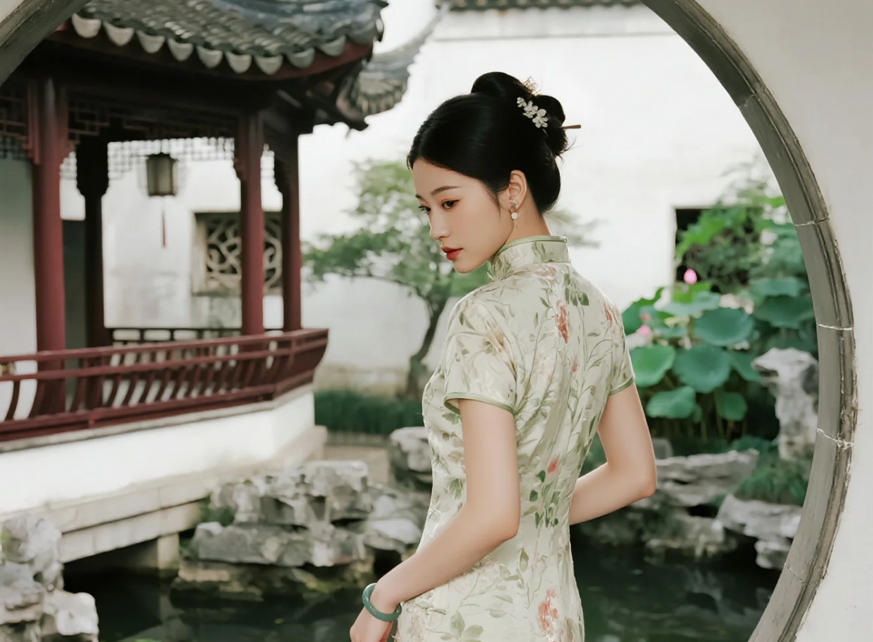 旗袍与绿意：庭院中的一抹亮色风景线