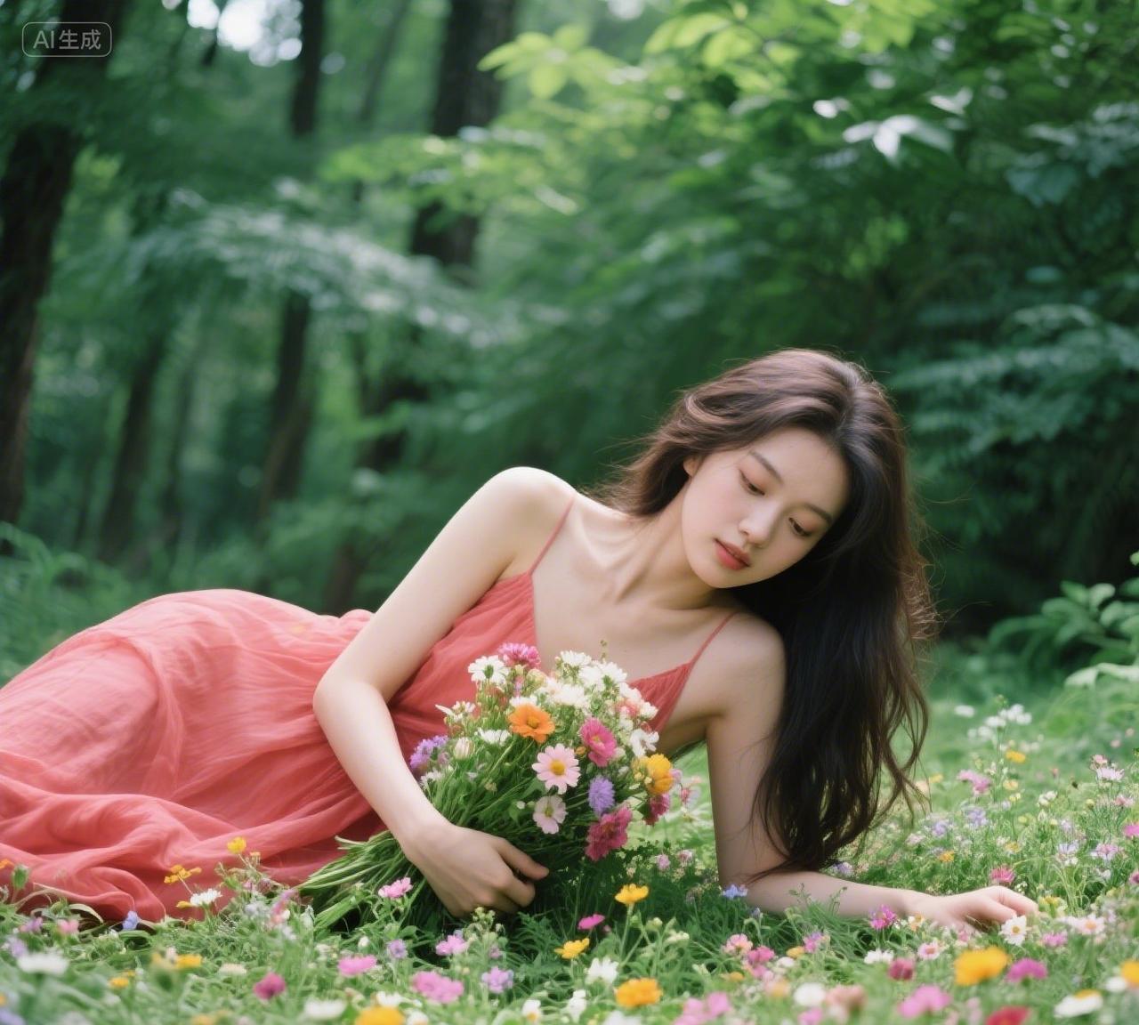 在花海中沉醉，与自然共舞的少女