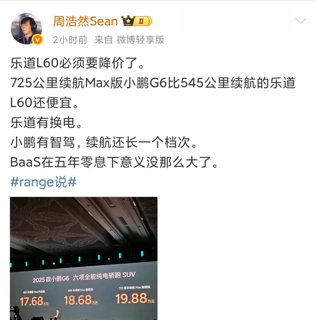 乐道L60必须降价了！
2025款小鹏G6推出的起售价格为17.68万元，而且