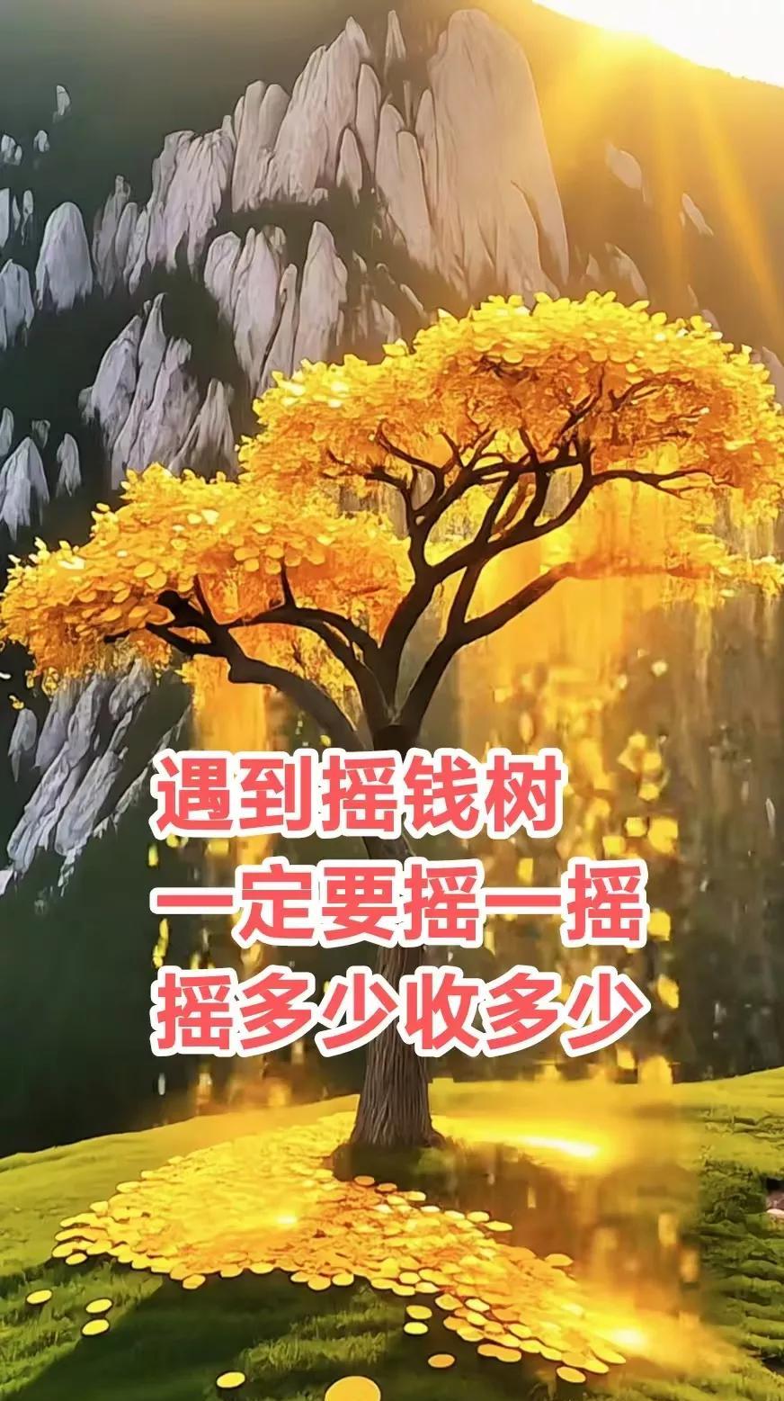 遇到摇钱树，千万不要错过，
抱住使劲摇一摇，，一定要摇起来，金玉满堂达三江，财富