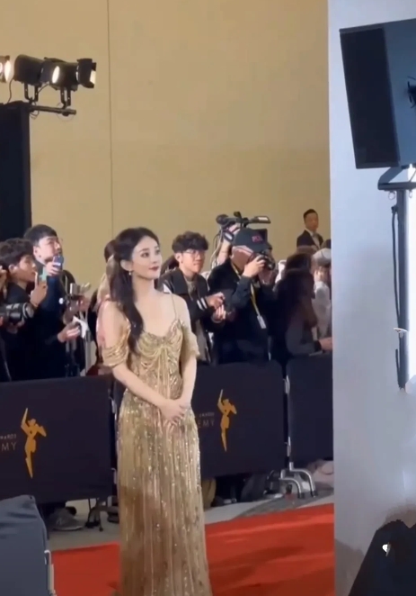 赵丽颖身穿礼服正在红毯拍照，老谋子突然闪现，扒头瞧眼的好可爱，赵丽颖忙十分恭敬的