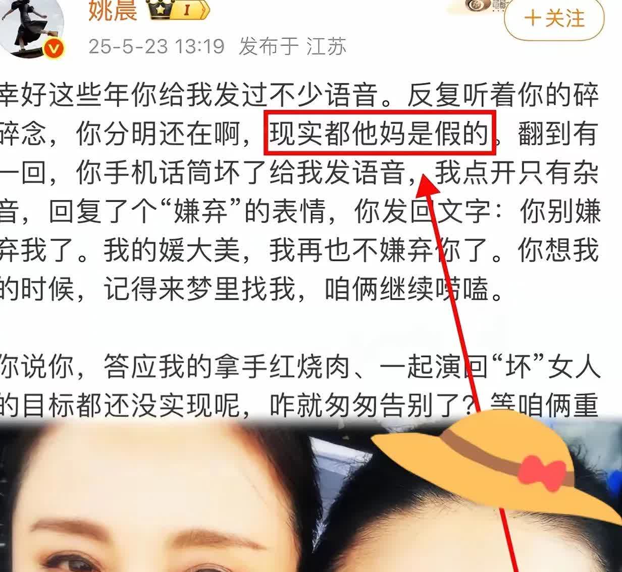 5月23日，著名演员姚晨发帖怀念朱媛媛，在帖子中，姚晨一句“现实都他妈是假的”，