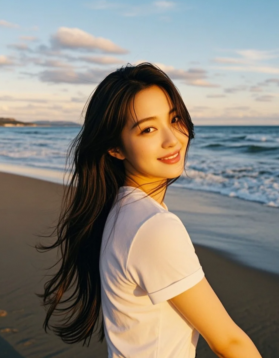 她与晚霞同舞，长发飘扬，T恤休闲装束也难掩其光芒万丈的明星气场