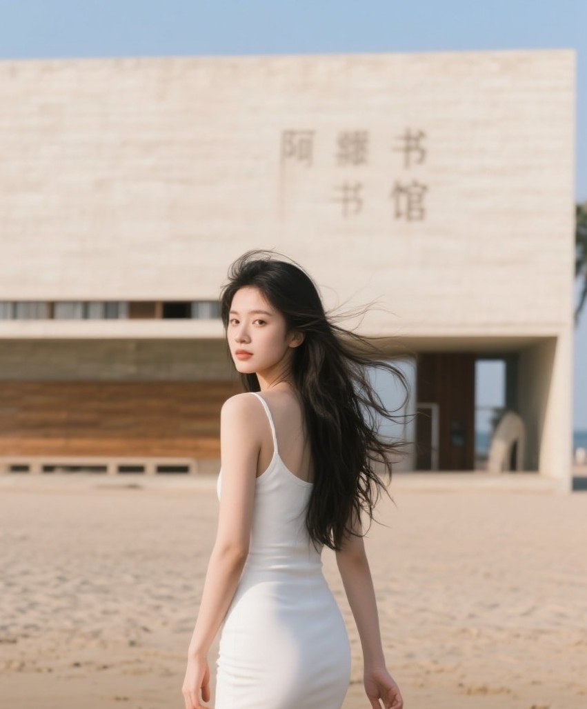 清新美眉沙滩戏，裙摆飞扬显活力