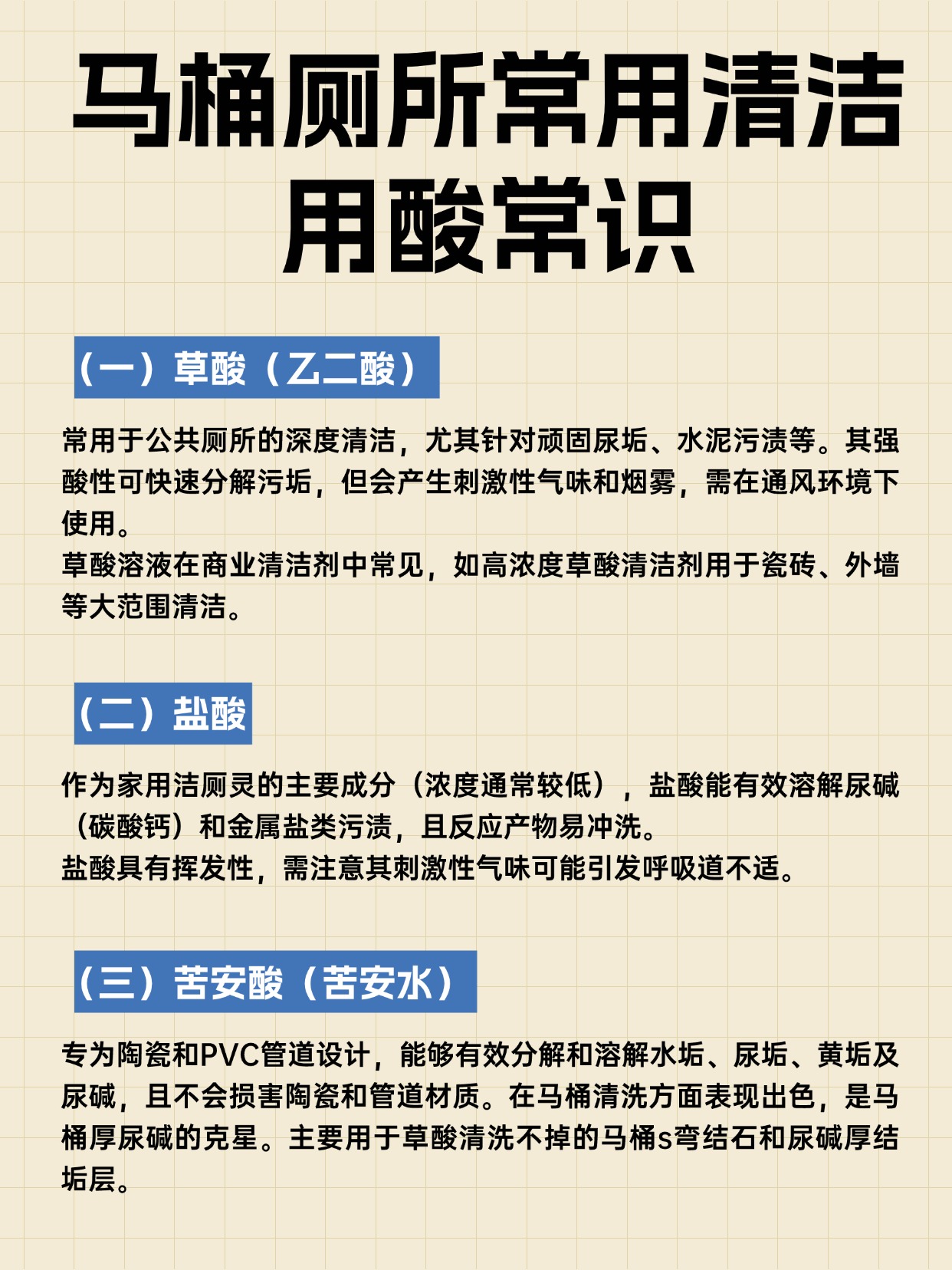 马桶厕所常用清洁用酸常识一览表