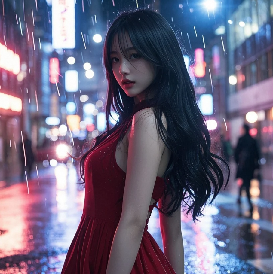 雨滴落在伞沿，她的眼神穿过霓虹，望向远方的未知。