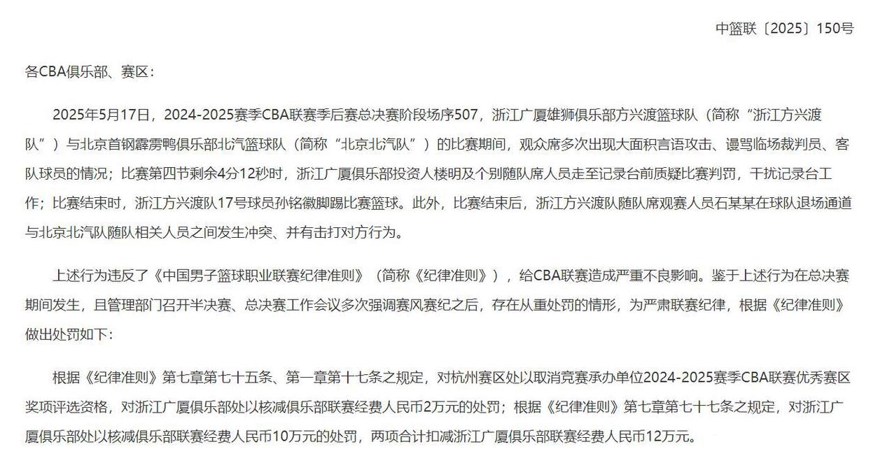 CBA官方重磅罚单，孙铭徽逃过禁赛！
总决赛G5广厦不敌北京，孙铭徽赛中吃到技犯