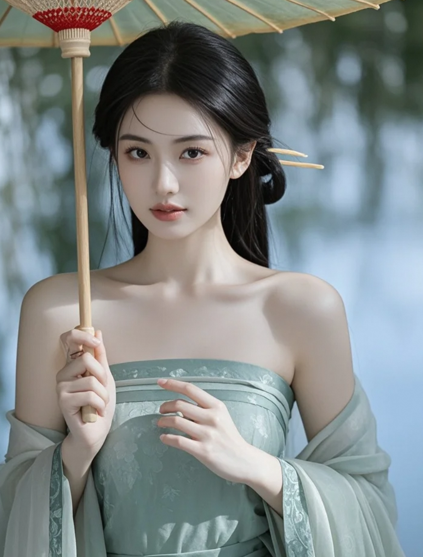 她在公园撑伞拍照，回头一笑惊艳全场