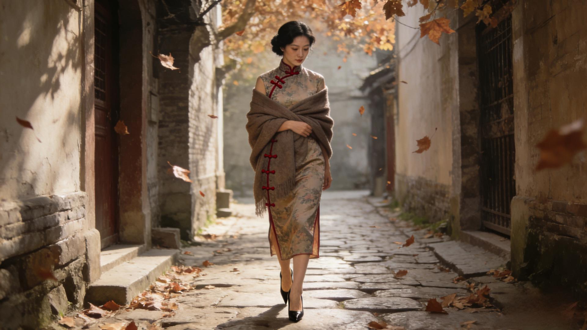 旗袍曳秋影，孤巷锁流年