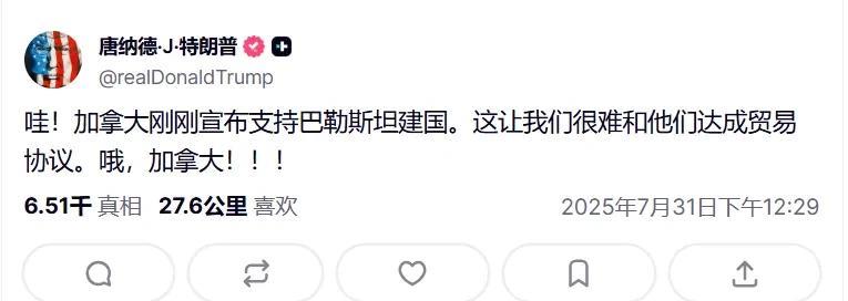 昨天加拿大宣布将于9月有条件承认巴勒斯坦国家。
结果特朗普就像被踩到猫尾巴一样跳