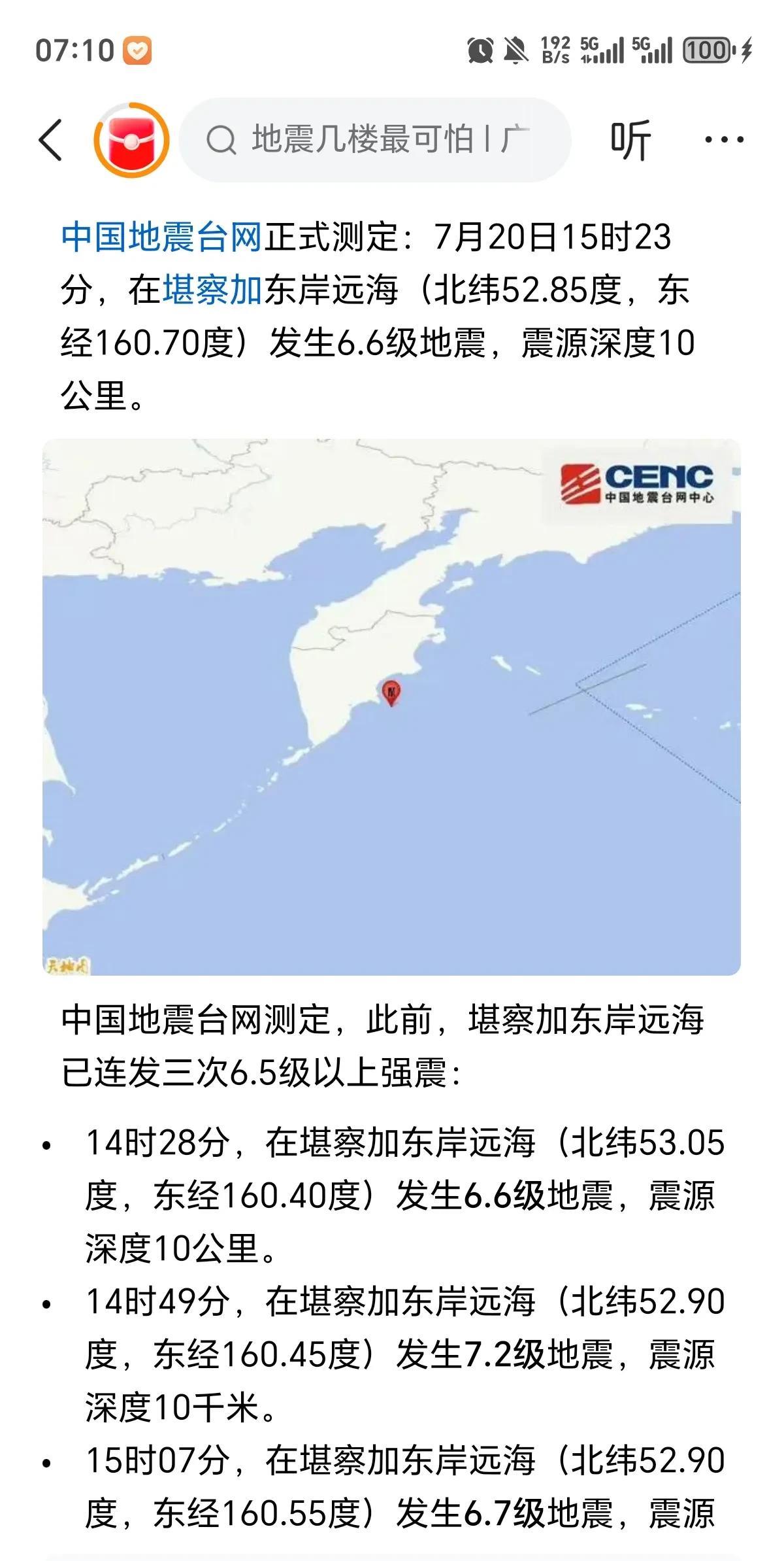 一觉醒来，俄罗斯55分钟内发生四次强震，最高7.2级，最低6.6级。
太吓人了，